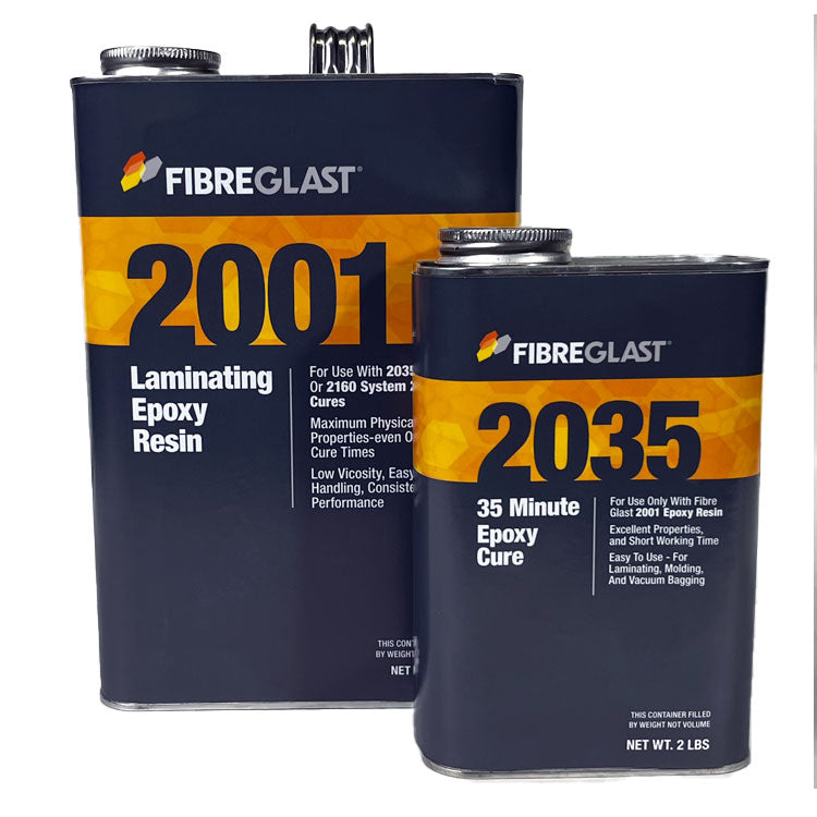 Two cans of Fibreglaut epoxy resin with labels 2001 and 2035 on a white background.