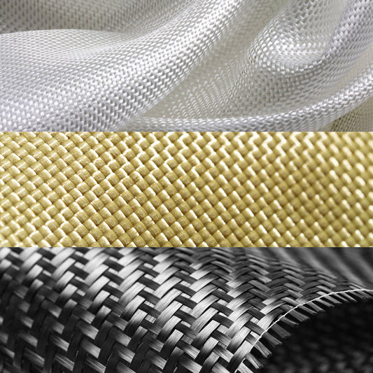 closeup of fiberglass, kevlar/aramid and carbon fiber