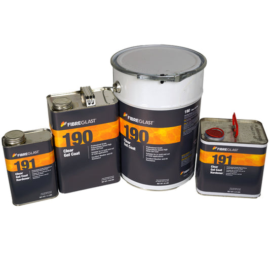 Fibre Glast 190 and 191 product cans on a white background