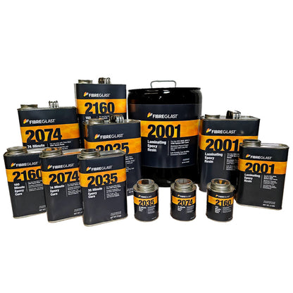 Collection of Fibreglass 2001 Epoxy products on a white background