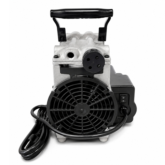 A silver and black air compressor pump with a black carrying handle, cooling fan, and power cord, shown on a white background.