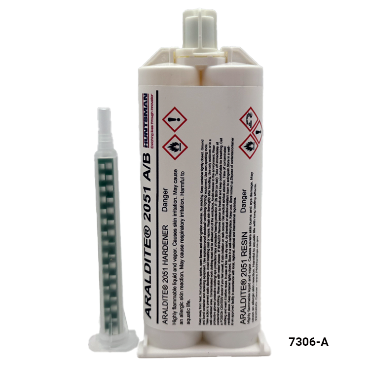 A dual-cylinder white plastic tube of Araldite 2051 A/B resin with a warning label, shown next to a small green-and-white applicator mixing tip on a plain white background.