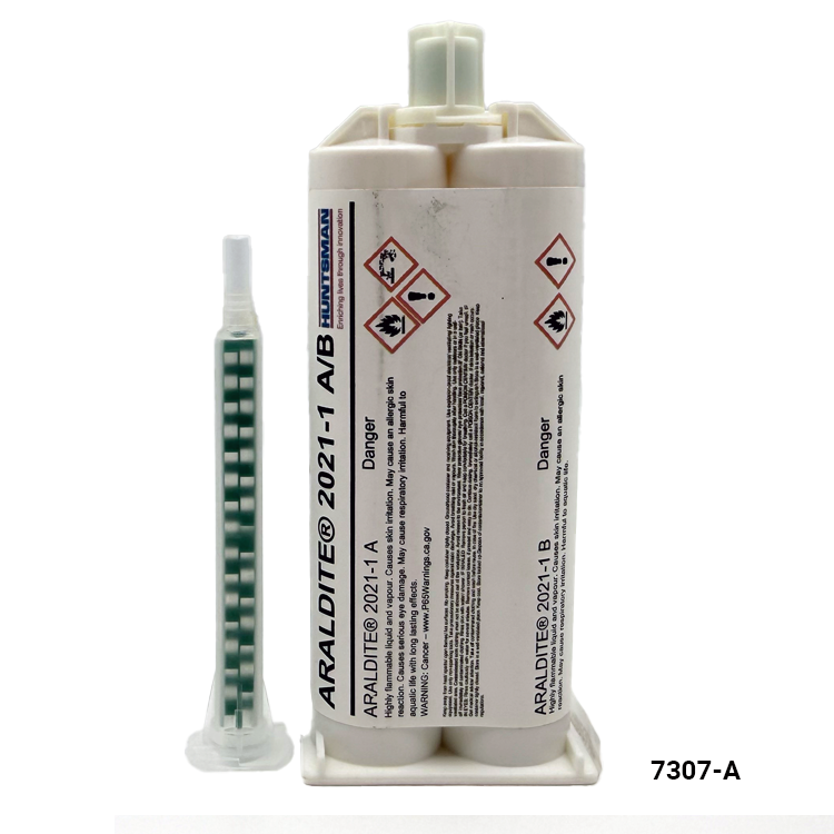 A dual-component epoxy resin kit showing two white plastic tubes labeled ARALDITE 2021-1 A/B and a separate clear syringe with a green-and-white mixing tip, on a plain white background.