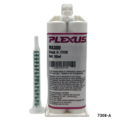A 50 ml tube of Plexus MA300 polyurethane adhesive with a 1:100 volume ratio mixing pin, shown on a white background with product text details visible on the label.