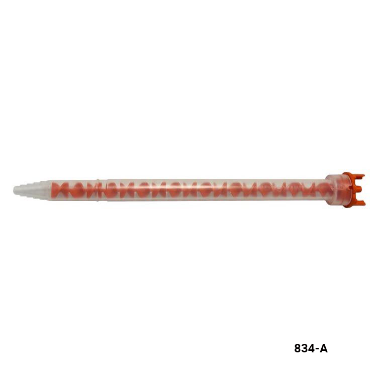 A clear plastic cylindrical tube shown horizontally on a white background. The tube has a pointed clear end on the left and an orange cap-like end on the right.