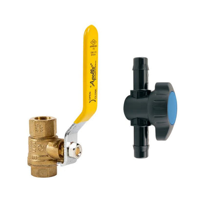 Two plumbing valves, one brass and one black with a blue handle, on a white background.