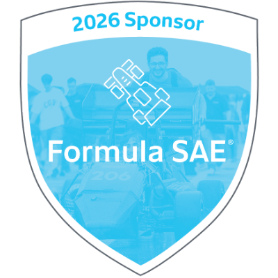 A shield-shaped sponsor badge reading '2026 Sponsor' and 'Formula SAE' over a faded blue photo of people working around a race car.